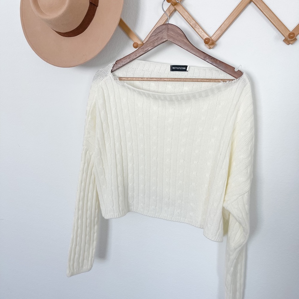 PrettyLittleThing Cropped Cable Knit Drop Shoulder Sweater